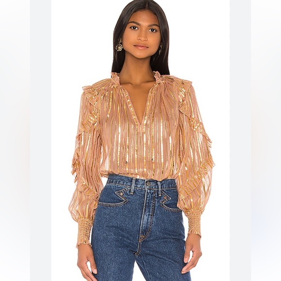 $355 Ulla Johnson Lucinda Rose Gold Ruffled metallic silk sheer blouse Size 6 - Picture 2 of 7